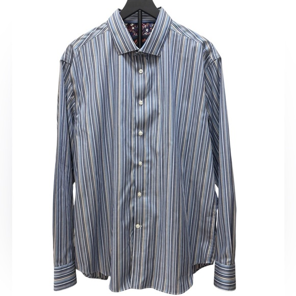 Egara Men’s Slim Fit Blue Tan White Striped Dress Shirt Floral Cuff/Neckline XL - Picture 4 of 10